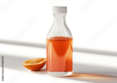 Transparent Plastic Bottle Filled with Bright Orange Juice with White Label Mockup photo