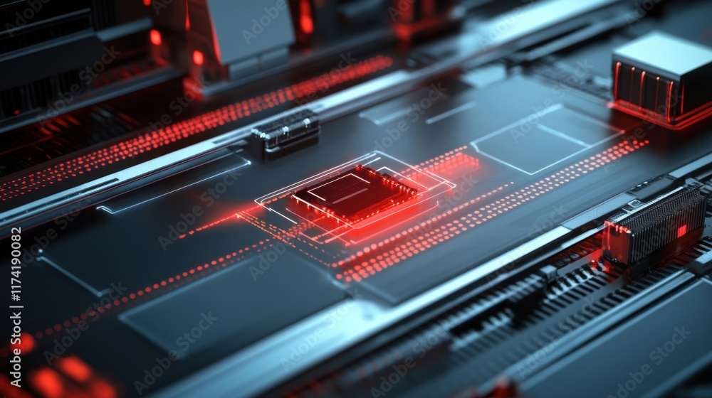 Close up view of a cpu processing data, emitting a red glow, surrounded by intricate circuitry and components on a motherboard, symbolizing advanced computing and processing power Close up view of a cpu processing data, emitting a red glow, surrounded by intricate circuitry and components on a motherboard, symbolizing advanced computing and processing power