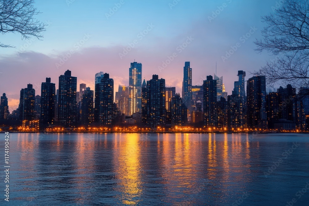 Fototapeta premium Manhattan Skyline Dusk Reflection on River New York City