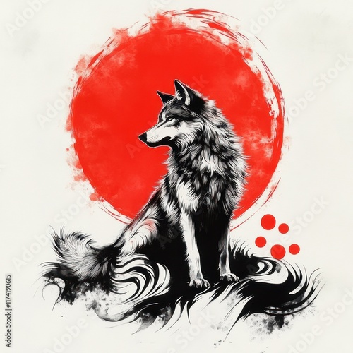 Stylized Wolf Howling at the Moon in Traditional Inuit Eskimo Haida Folk Art Style photo