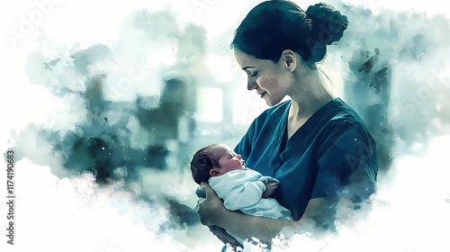 A midwife tenderly holding newborn baby at the hospital. Mistweave. Illustration