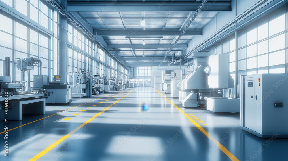 A large modern factory hall with machines and tools for the production of electronic products. The color scheme is predominantly white A large modern factory hall with machines and tools for the production of electronic products. The color scheme is predominantly white
