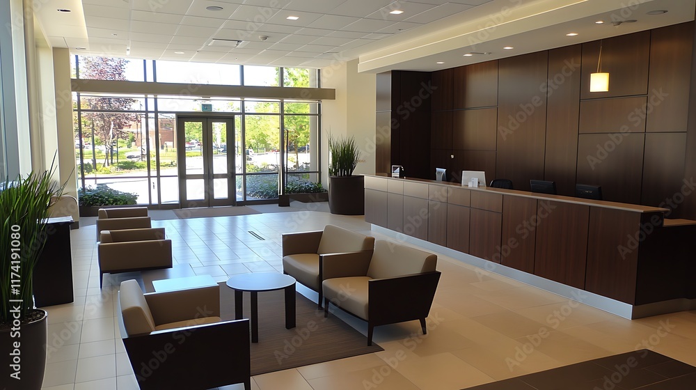 Modern Office Lobby with Comfortable Seating and Reception Desk