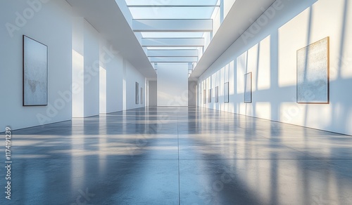 Empty Gallery Interior with White Wall Natural Light and Polished Floor for Contemporary Art Exhibition