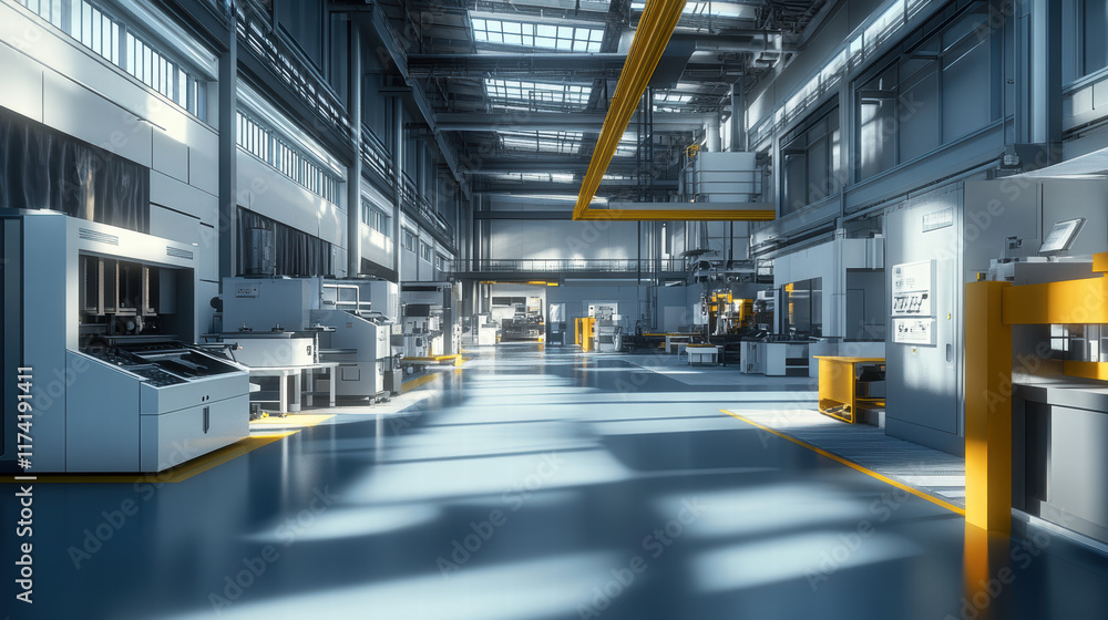 A large modern factory hall with machines and tools for the production of electronic products A large modern factory hall with machines and tools for the production of electronic products