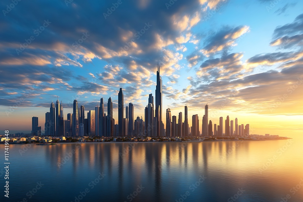 Fototapeta premium Sunset Over Modern Urban Skyline Reflected on Water with Dramatic Clouds : Generative AI