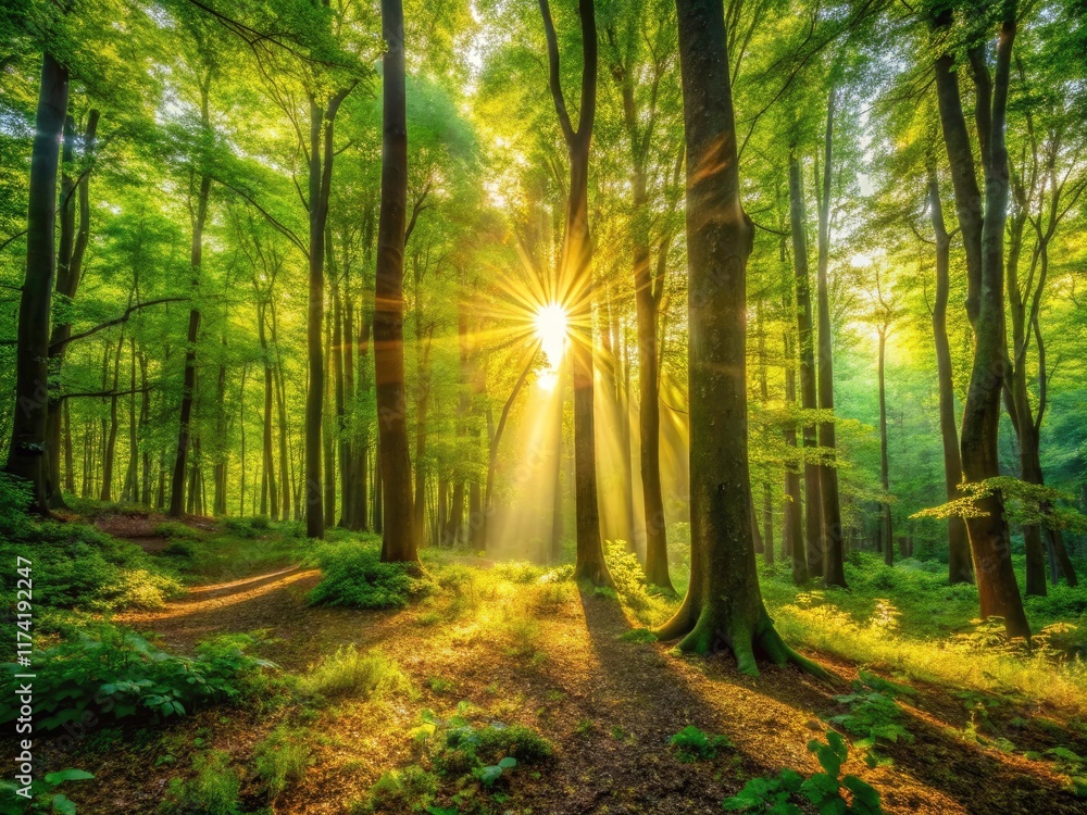 Obraz premium Sunlit woodland scene: magical sunlight filters through trees, illuminating a path.