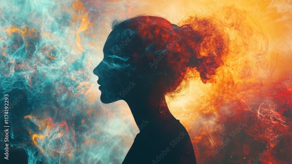 Woman's Silhouette in Teal and Fire Abstract Art Woman's Silhouette in Teal and Fire Abstract Art