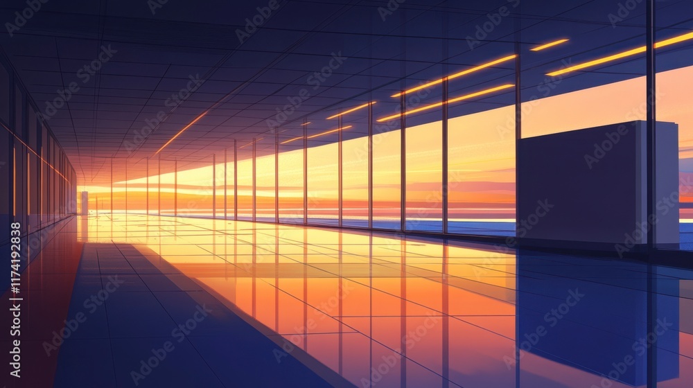 Fototapeta premium Modern Glass Corridor Sunset Reflection Minimalist Architecture