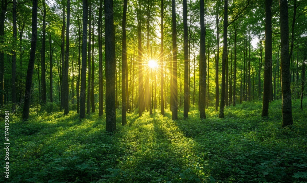 Naklejka premium Sunbeams through lush green forest.