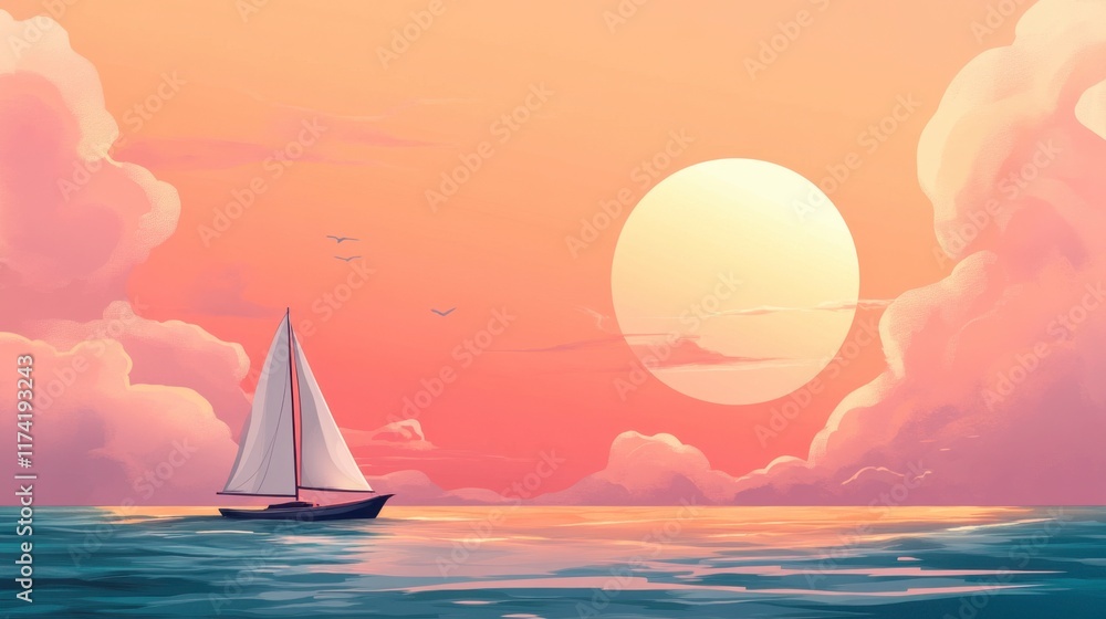 Fototapeta premium Solitary Sailboat at Sunset, Peaceful Ocean Scene