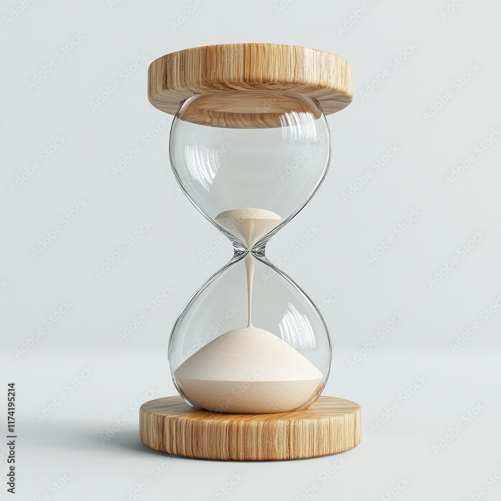 Naklejka premium A glass hourglass with wooden base, sand slowly flowing, symbolizing time's passage.