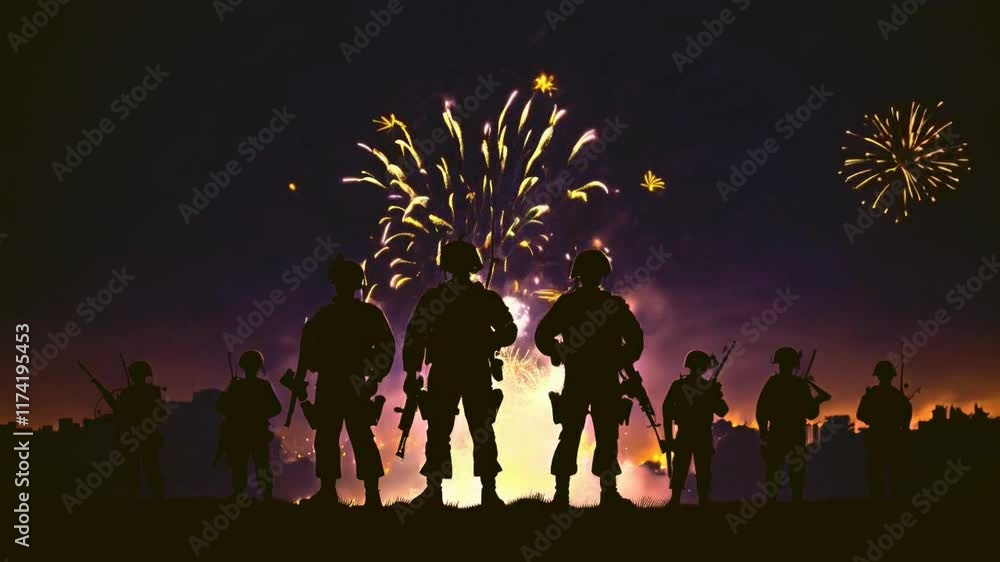 Silhouetted soldiers stand with vibrant fireworks exploding in the background, a patriotic theme, ideal for celebrating a national holiday