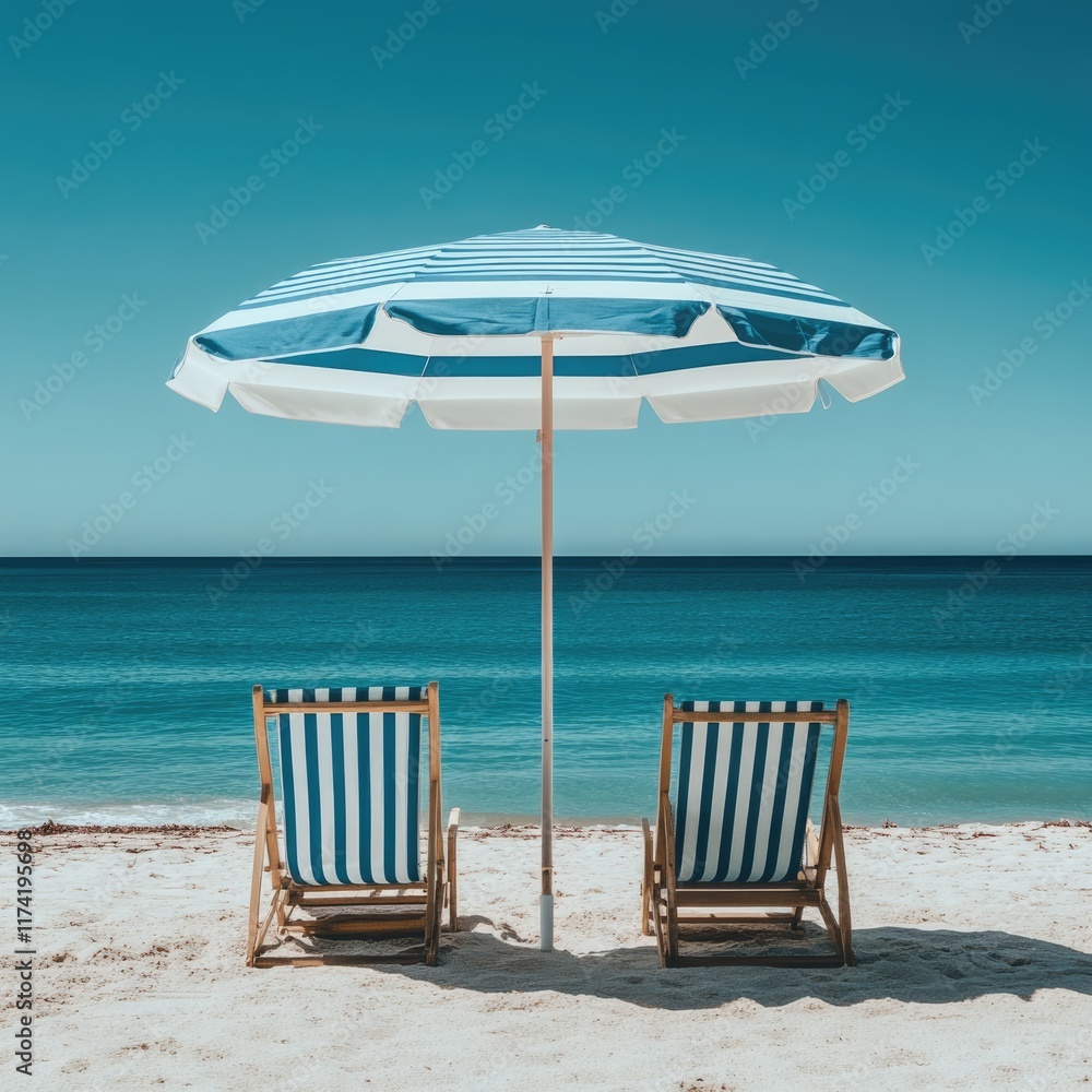 Fototapeta premium Two striped beach chairs sit under a matching umbrella on a sandy beach overlooking a tranquil ocean.