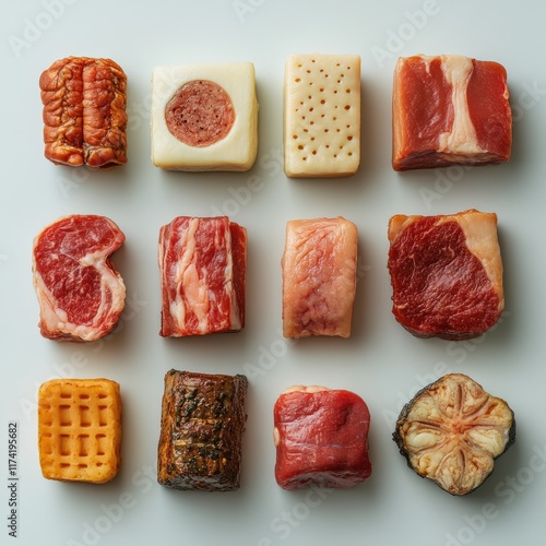 Assorted cuts of meat and cheese arranged in a grid pattern on a light gray background. photo