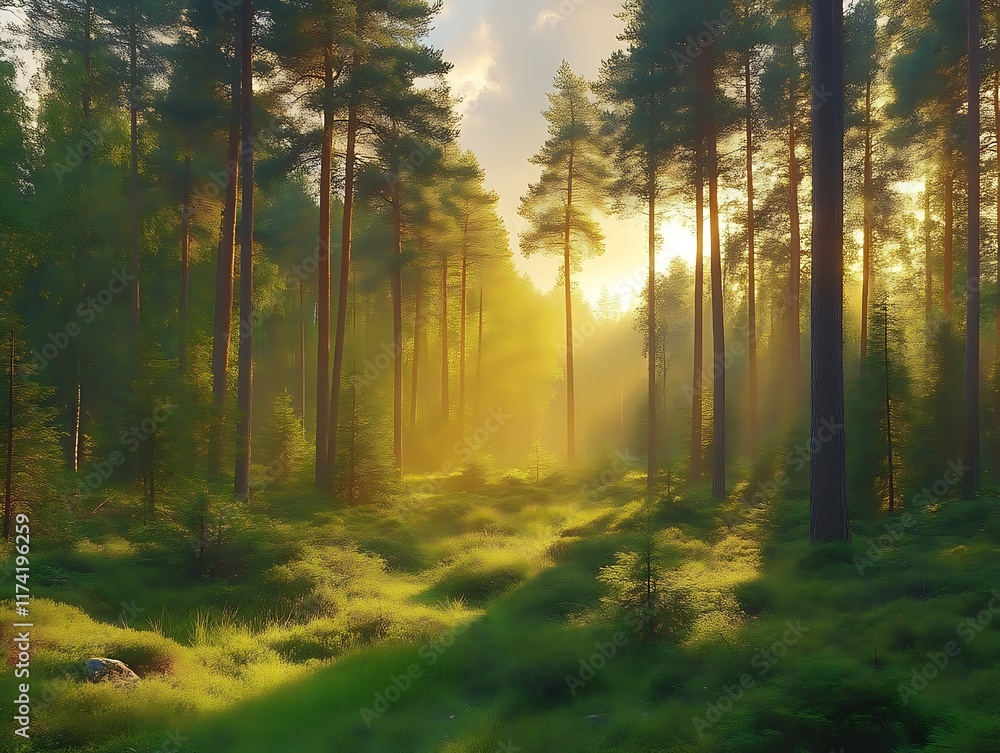 Obraz premium Golden Sunrise Forest: A Serene, Impressionistic Landscape