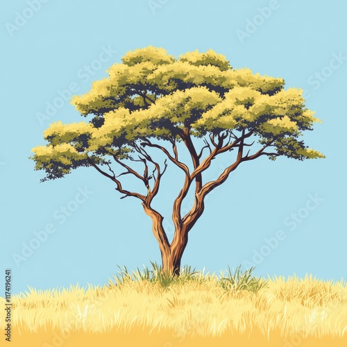 A single acacia tree stands tall amidst a field of golden grass under a clear blue sky.