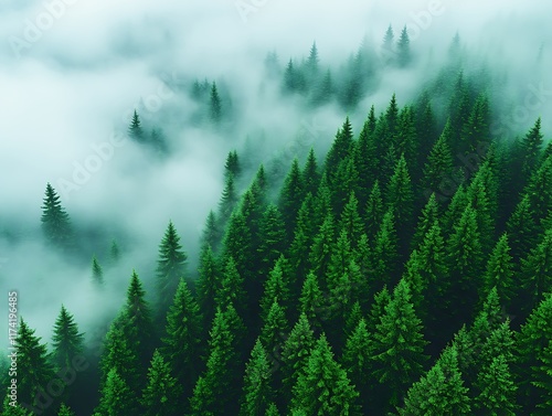 Misty Mountain: Serene Evergreen Forest in a Dreamlike Atmosphere photo