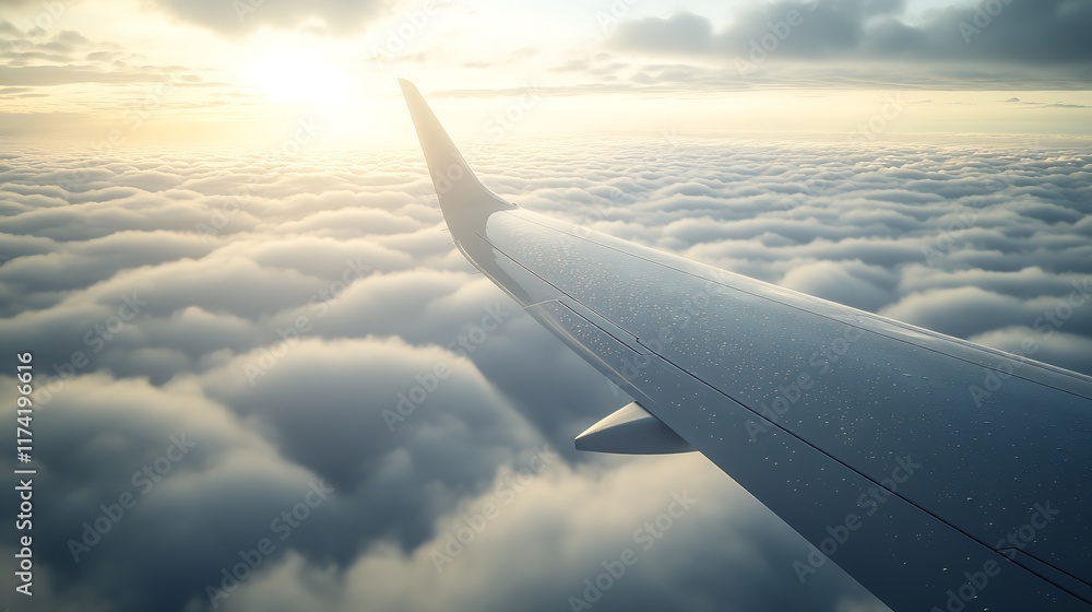 Obraz premium Airplane Wing Over Dramatic Cloudscape During Beautiful Sunset Flight : Generative AI