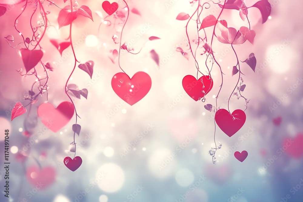 Romantic Hanging Heart Vines with Dreamy Pink and Purple Bokeh Background : Generative AI Romantic Hanging Heart Vines with Dreamy Pink and Purple Bokeh Background : Generative AI