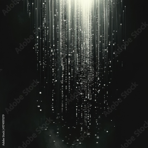 Abstract digital rain of glowing lines and data streams falling on a dark background.