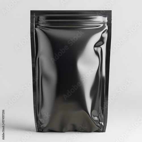 A sleek, black stand-up pouch, perfect for premium product packaging. photo