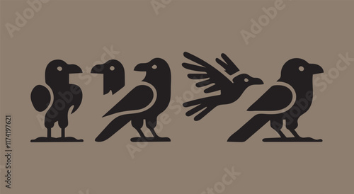 A black silhouette crow bird set crow, raven silhouette. Isolated Background Vector silhouette ravens birds outline sxa