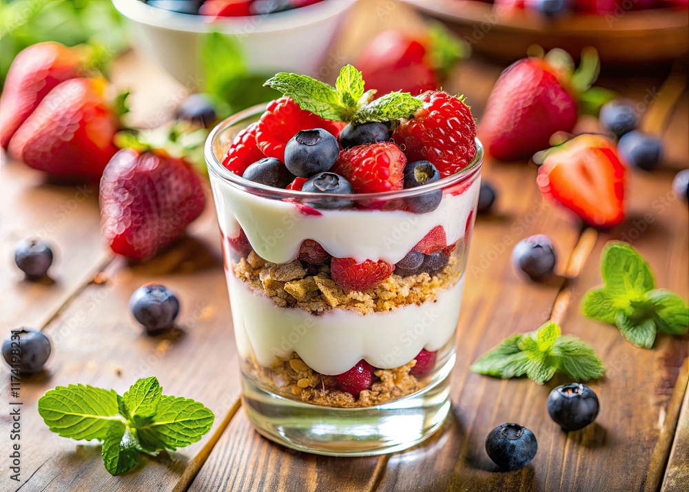 Yogurt, granola, and fresh berries create a delightful summer parfait; perfect for a light and healthy treat. Yogurt, granola, and fresh berries create a delightful summer parfait; perfect for a light and healthy treat.