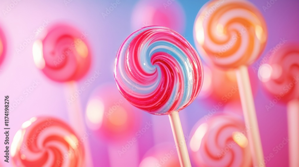 Sticks of lollipops in various swirls of pink, red, and blue fill the frame, creating a playful atmosphere reminiscent of a candy paradise, evoking feelings of joy and nostalgia.