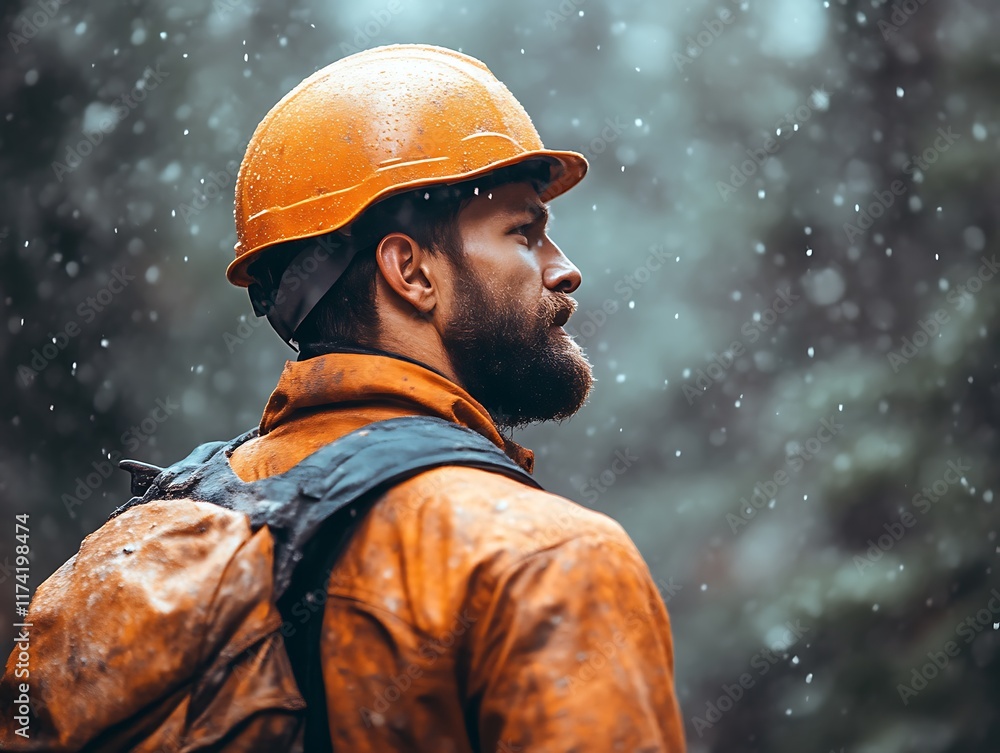 Fototapeta premium Forester in Orange: A Rugged, Snow-Dusted Portrait
