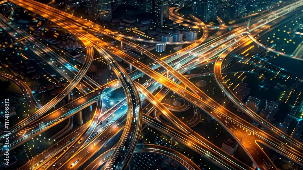Aerial view of bustling urban highway interchange at night, showcasing vibrant traffic lights and vehicles navigating intricate network of roads in city.