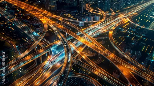 Aerial view of bustling urban highway interchange at night, showcasing vibrant traffic lights and vehicles navigating intricate network of roads in city.