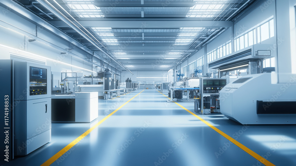 A large modern factory hall with machines and tools for the production of electronic products. The color scheme is predominantly white A large modern factory hall with machines and tools for the production of electronic products. The color scheme is predominantly white
