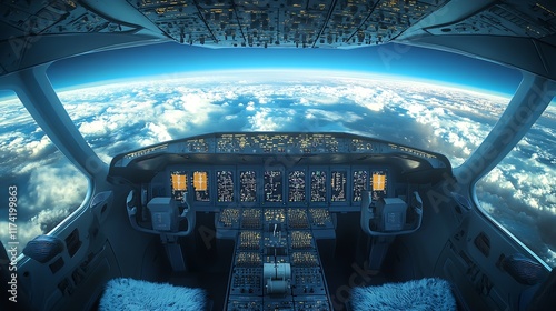 Panoramic Cockpit View of Aircraft Overlooking Clouds and Expansive Horizon : Generative AI photo