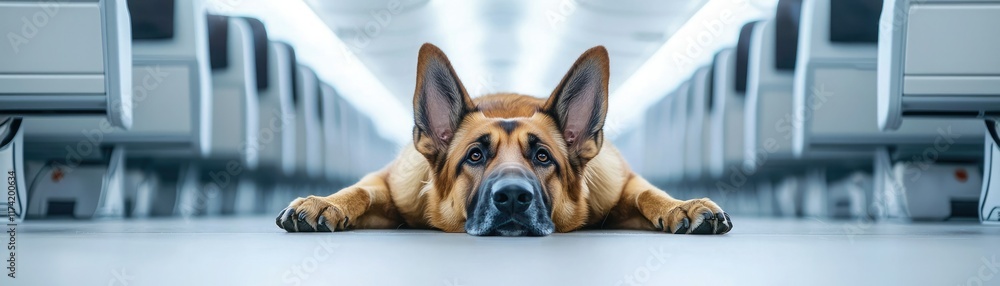 A dog lies down, looking relaxed and calm in a spacious, bright interior, resembling the aisle of a modern train or airplane. A dog lies down, looking relaxed and calm in a spacious, bright interior, resembling the aisle of a modern train or airplane.