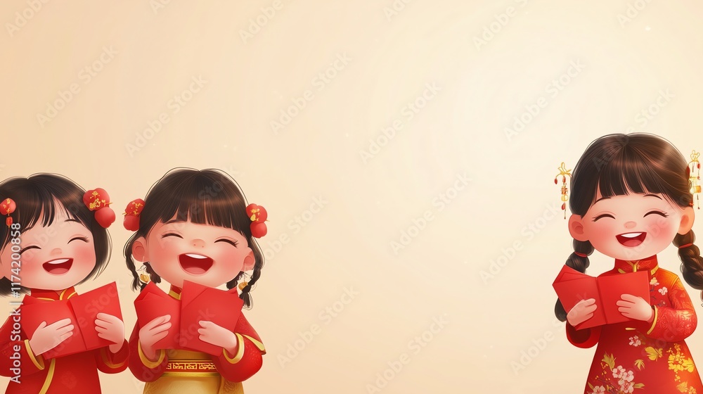 Fototapeta premium Semi-realistic scene of children in traditional Chinese outfits holding red envelopes with glowing smiles, leaving a clean copy space on one side.