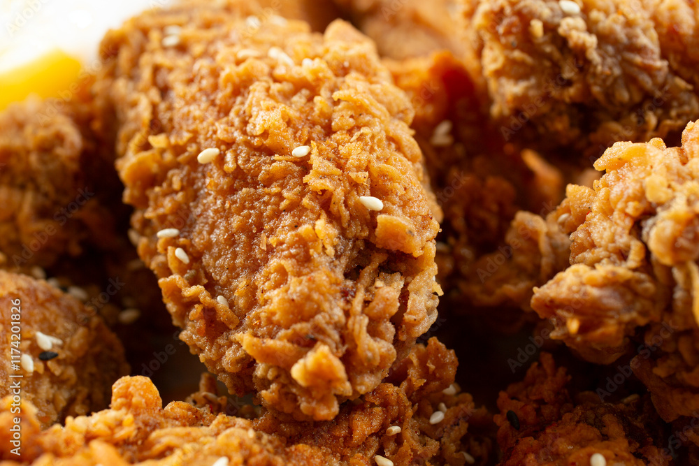 A closeup view of a pile of Korean fried chicken wings. A closeup view of a pile of Korean fried chicken wings.
