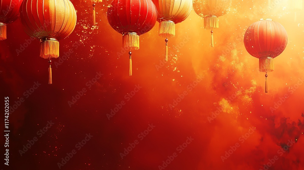Obraz premium Chinese New Year lanterns glowing with golden highlights against a vivid red and gold background, offering space for promotional text.