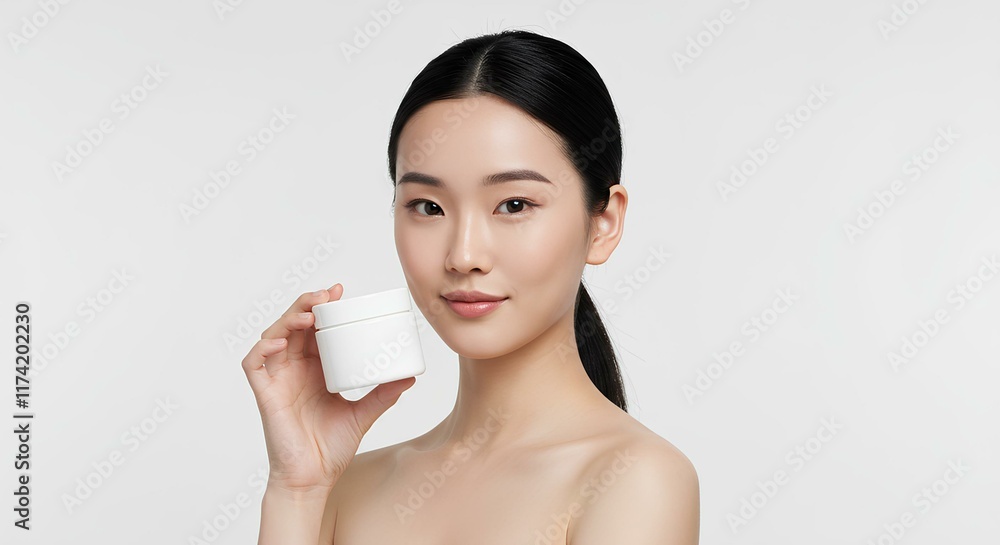 Skincare Product Bottle Mockup with Asian Woman Model Skincare Product Bottle Mockup with Asian Woman Model