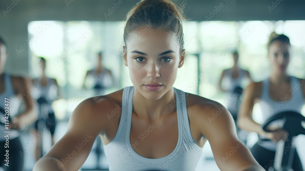 Fototapeta premium Focused woman participating in spinning class with others, energetic atmosphere