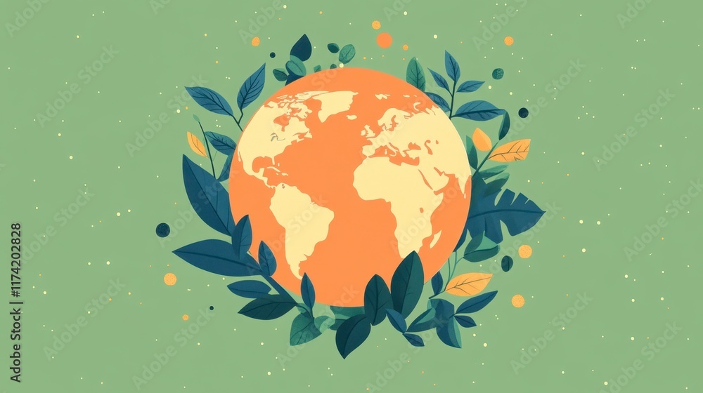 Fototapeta premium Smiling Earth Globe Surrounded by Lush Green Leaves - Eco-Friendly Minimalist Design