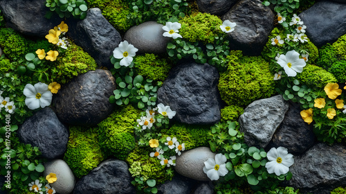 Fototapeta Naklejka Na Ścianę i Meble -  Summer garden wallpaper with stones, moss and flowers