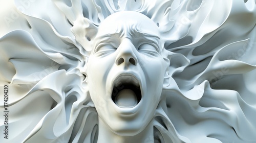 Anguished Face in Abstract White Sculpted Wave