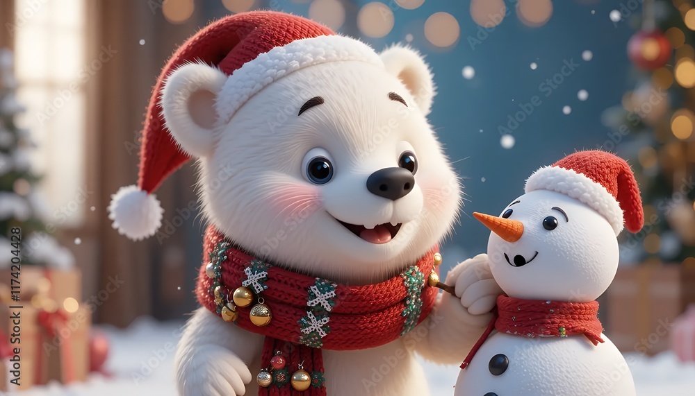 Adorable Polar Bear and Snowman Celebrate Christmas Together in Festive Winter Wonderland. 3d cartoon render with christmas theme background. Adorable Polar Bear and Snowman Celebrate Christmas Together in Festive Winter Wonderland. 3d cartoon render with christmas theme background.