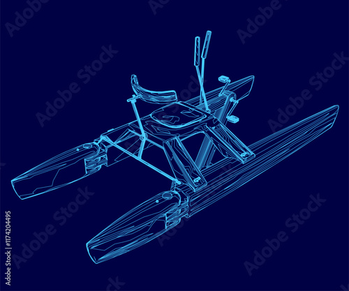 Blue drawing of a boat with a seat and a steering wheel. The boat is on water and he is a small, inflatable one