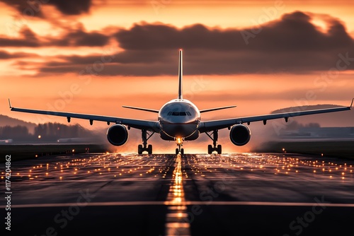 Airplane on Illuminated Runway Preparing for Takeoff at Sunset : Generative AI photo