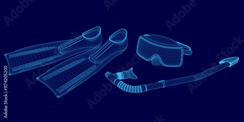 Blue image of a pair of flippers, a snorkel, and a wetsuit.