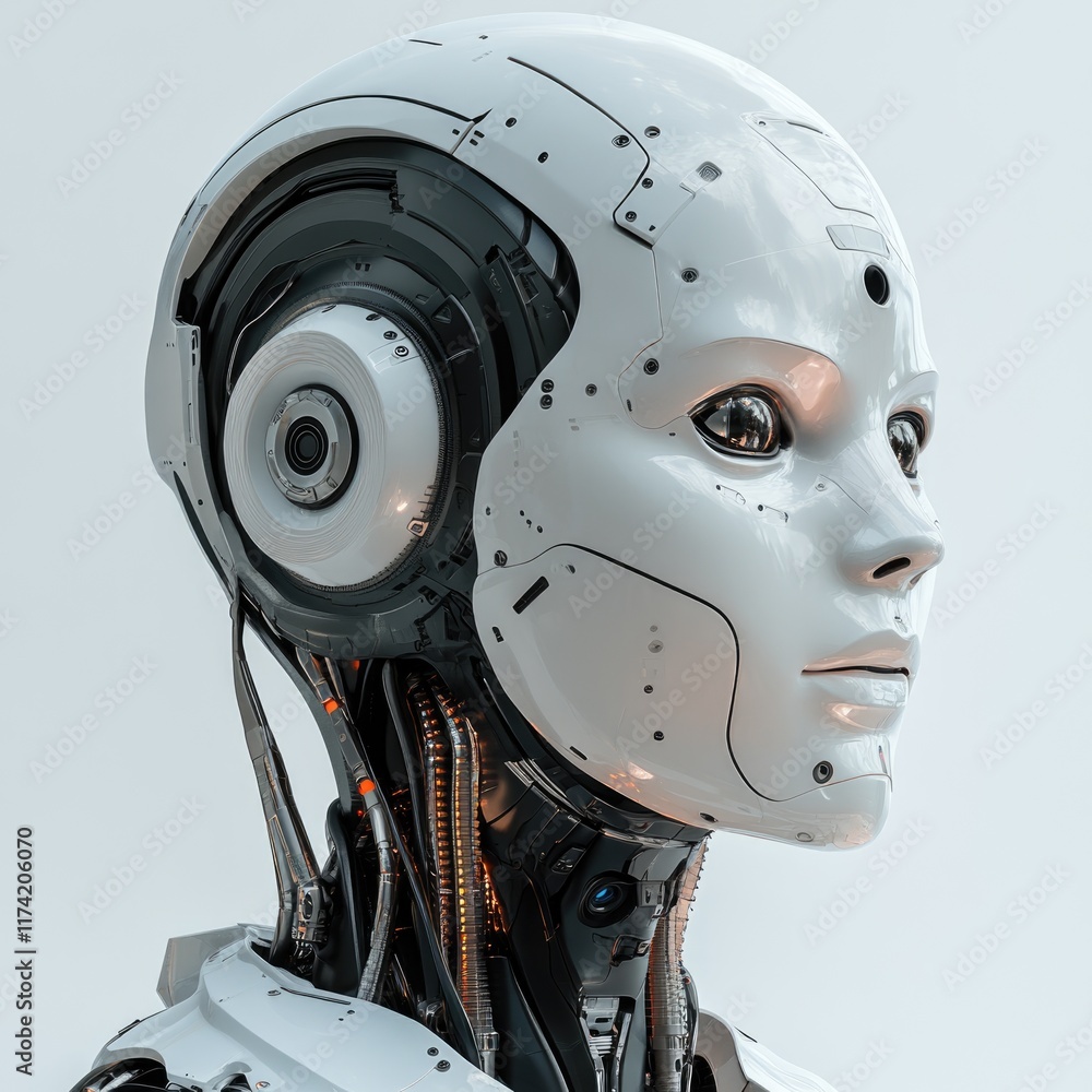 A futuristic female robot head, sleek design, intricate mechanical details, artificial intelligence. A futuristic female robot head, sleek design, intricate mechanical details, artificial intelligence.