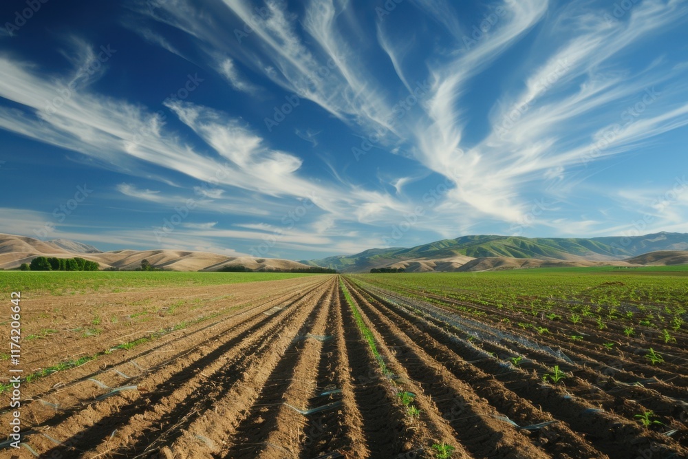 Rows of Crops in a Field with Rolling Hills and a Blue Sky Rows of Crops in a Field with Rolling Hills and a Blue Sky