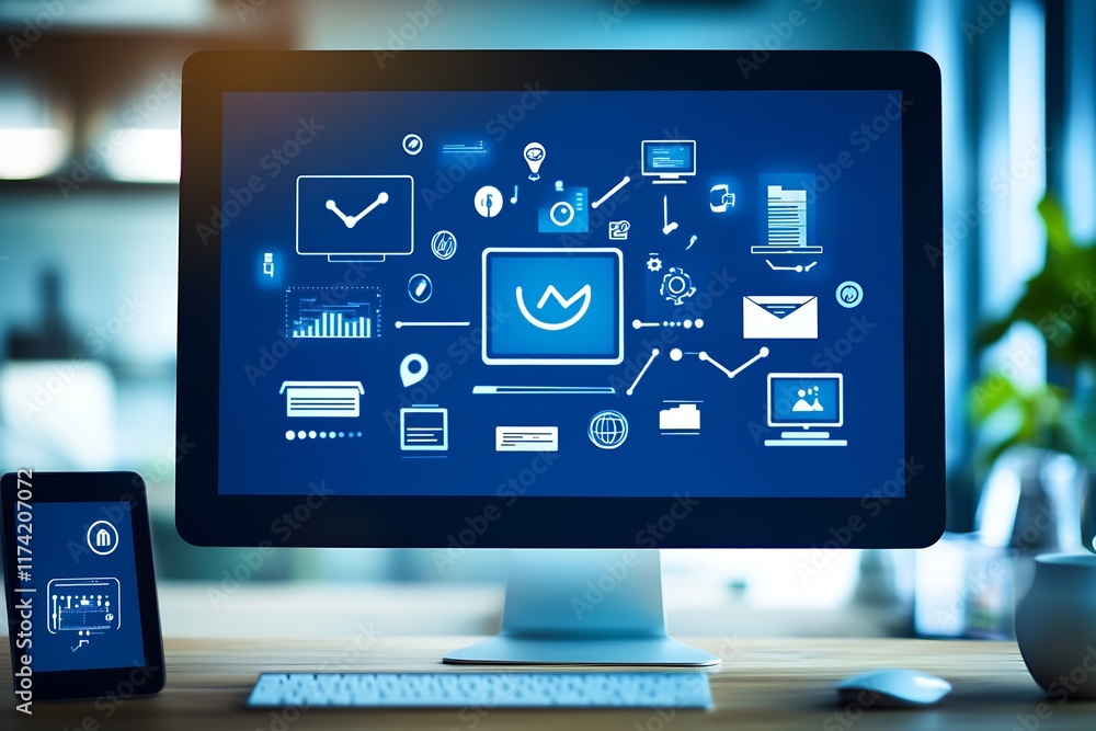 Digital Marketing Strategy with Computer and Graphs on Screen in Modern Office Environment : Generative AI Digital Marketing Strategy with Computer and Graphs on Screen in Modern Office Environment : Generative AI